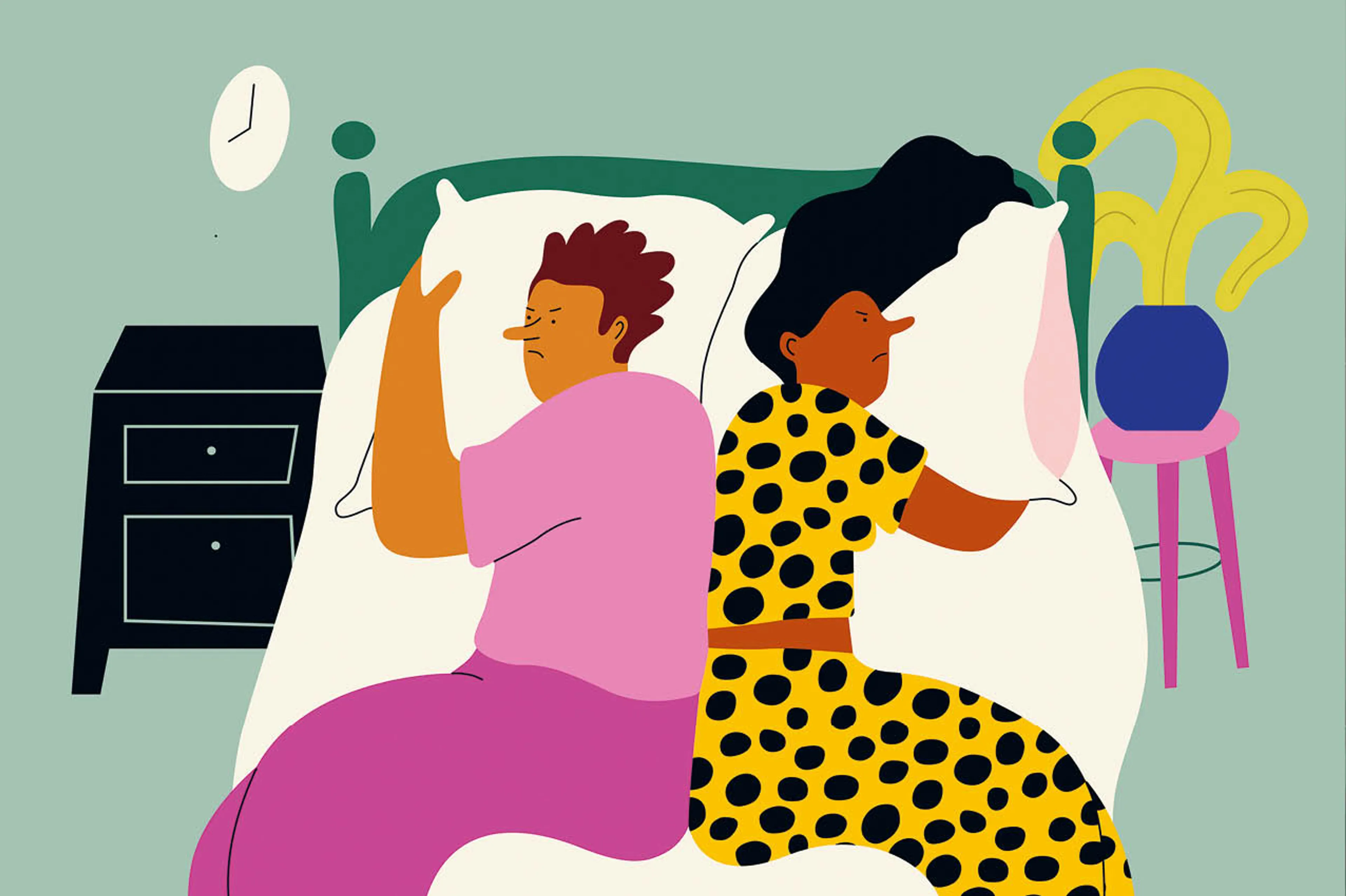 Geanimeerde afbeelding van een koppel dat in bed ligt. Ze hebben de ruggen naar elkaar gekeerd en kijken boos naar de andere kant.
